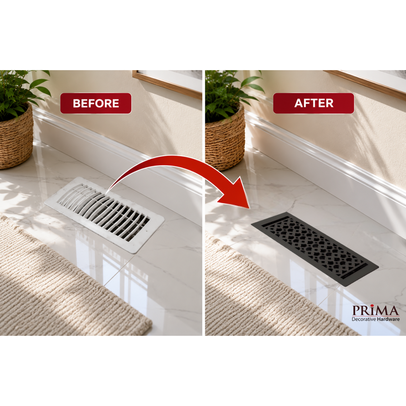 Before-and-after comparison showing a floor register installed in a home interior.