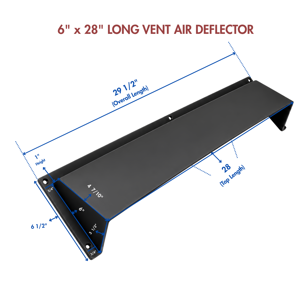 6" x 28" black cast aluminum air vent deflector with product dimensions and measurements
