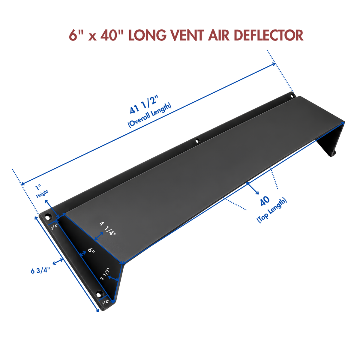 6" x 40" black cast aluminum air vent deflector with product dimensions and measurements
