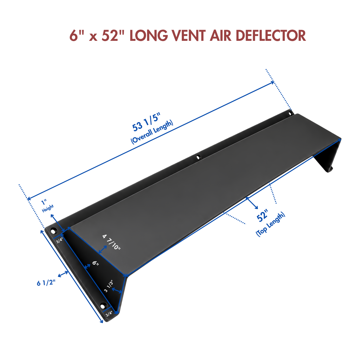 6" x 52" black cast aluminum air vent deflector with product dimensions and measurements

