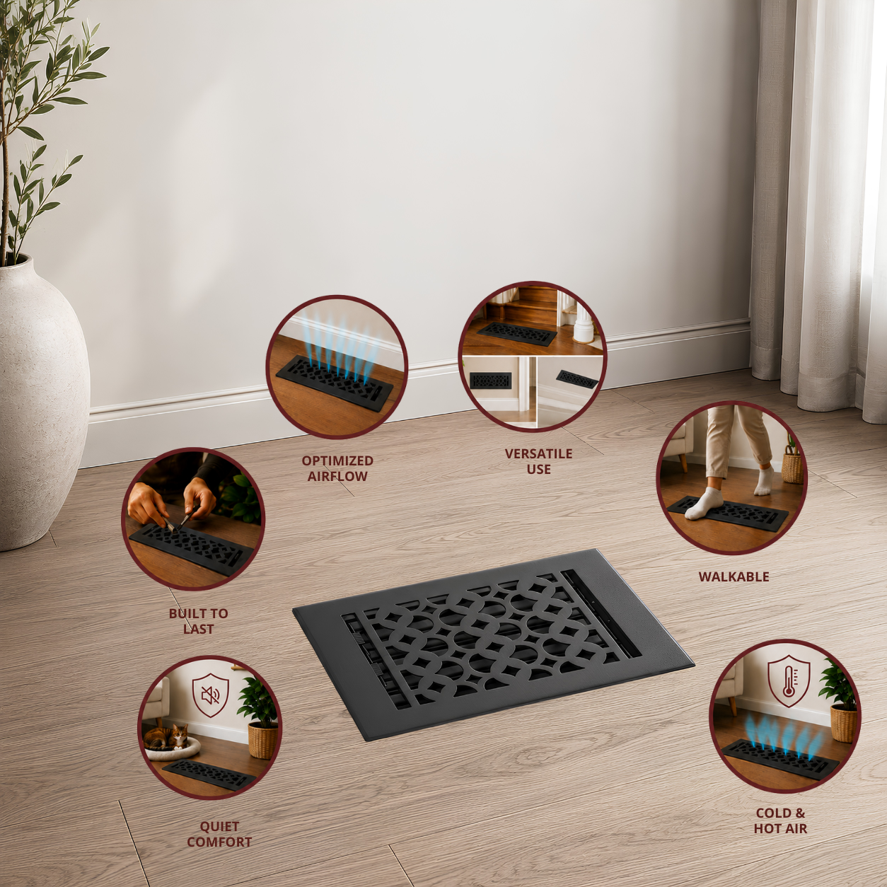 Cast Iron Floor Register 6" x 8” with Damper, Tudor Mushroom Design Vent Cover VR100