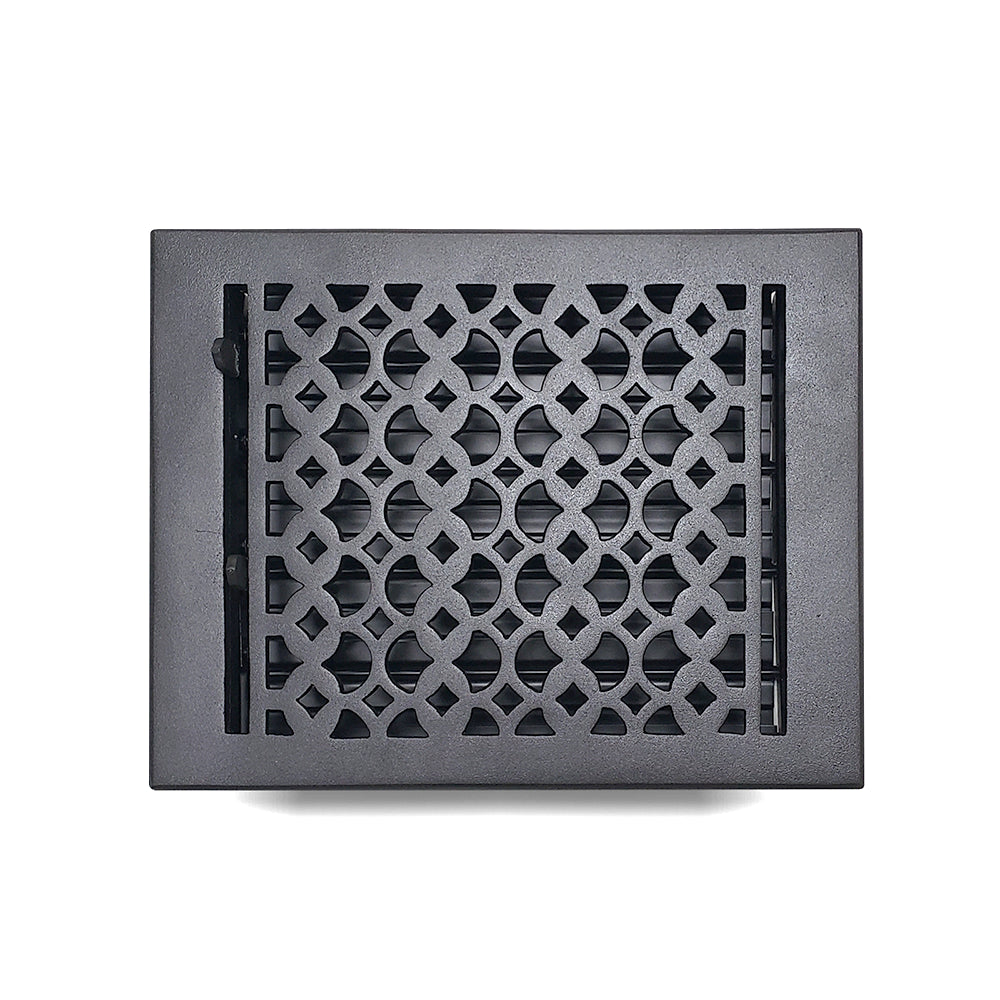 Floor Vent Cover / Register Size: 8” x 10” VR100 with Damper top faceplate outer size 9-1/4″ X 11-3/4″, thickness 5 mm, decorative handcrafted high-quality metal – cast aluminum powder coated Re-paintable for floors, walls, and ceilings