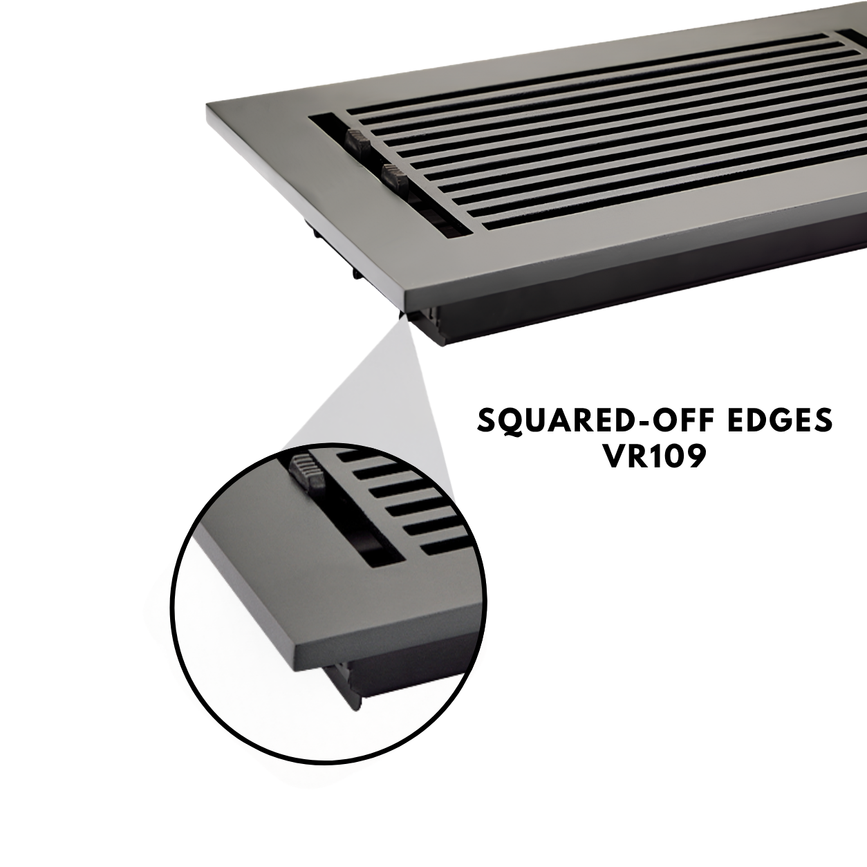 A close-up product detail of a rectangular vent grille with squared-off edges, shown on a white background with a circular inset highlighting the corner detail and text reading 'SQUARED-OFF EDGES VR109'.