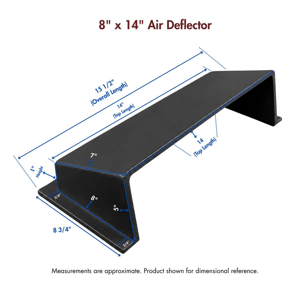 A matte black deflector shown on a white background with blue dimension lines and text indicating measurements
