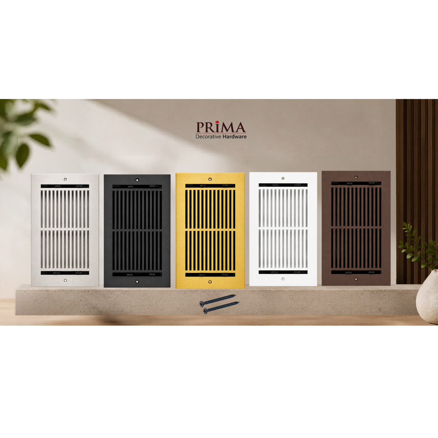 Combined different finishes of floor register with holes and screws