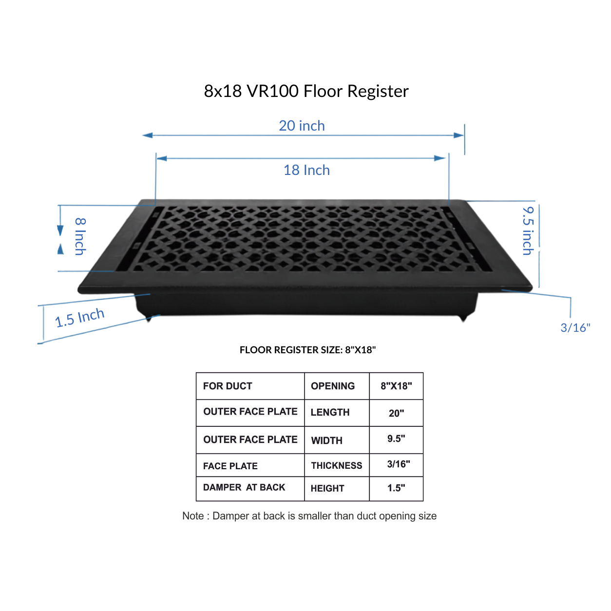 Dimension for 8x18 floor register in a white background