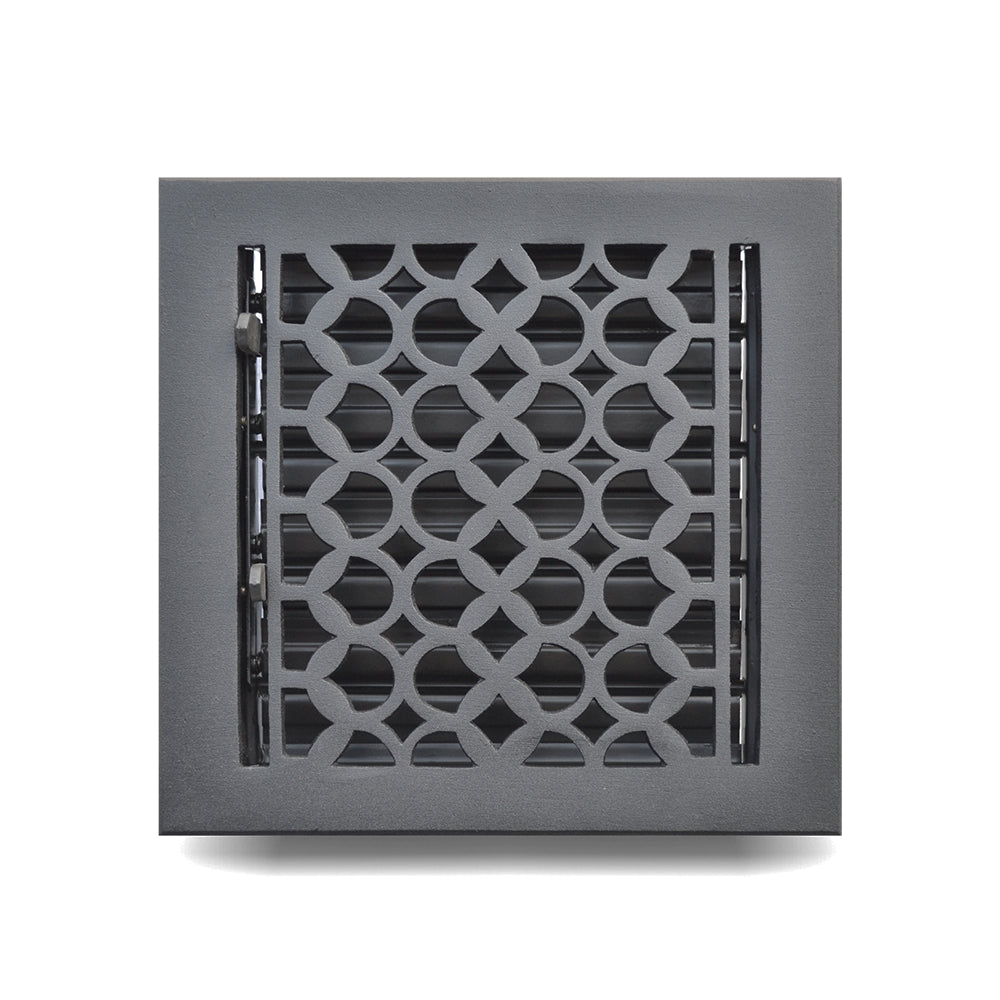 Floor Vent Cover / Register Size: 8” x 8” VR100 with Damper top faceplate outer size 9-1/2″ x 10″, thickness 5 mm, decorative handcrafted high-quality metal – cast aluminum powder coated Re-paintable for floors, walls, and ceilings