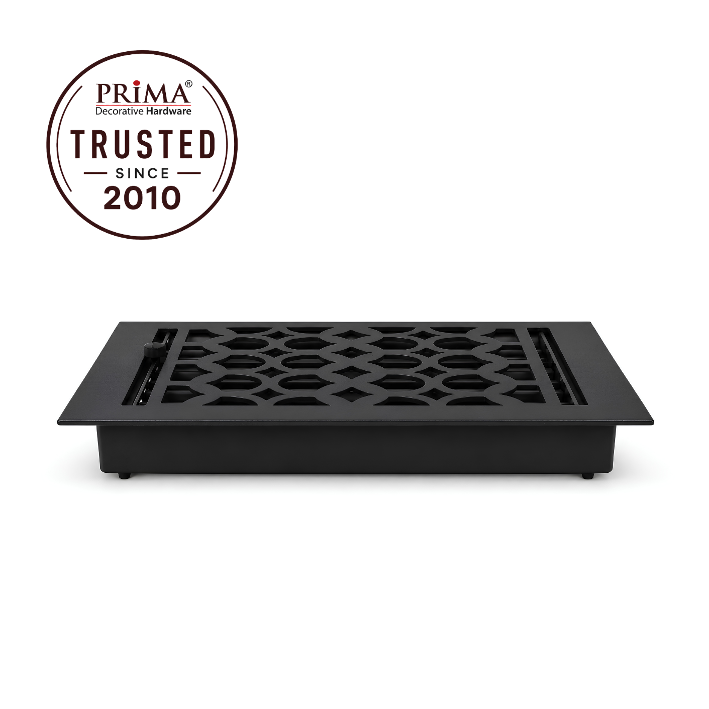 Sideview of floor register with trust badge