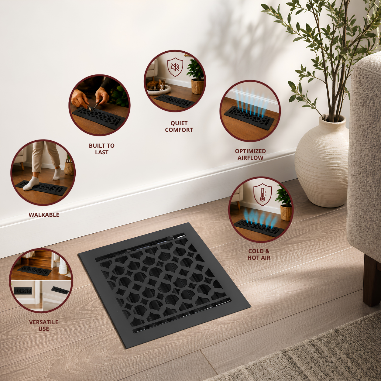 Cast Iron Floor Register 8" x 8” with Damper, Tudor Mushroom Design Vent Cover VR100