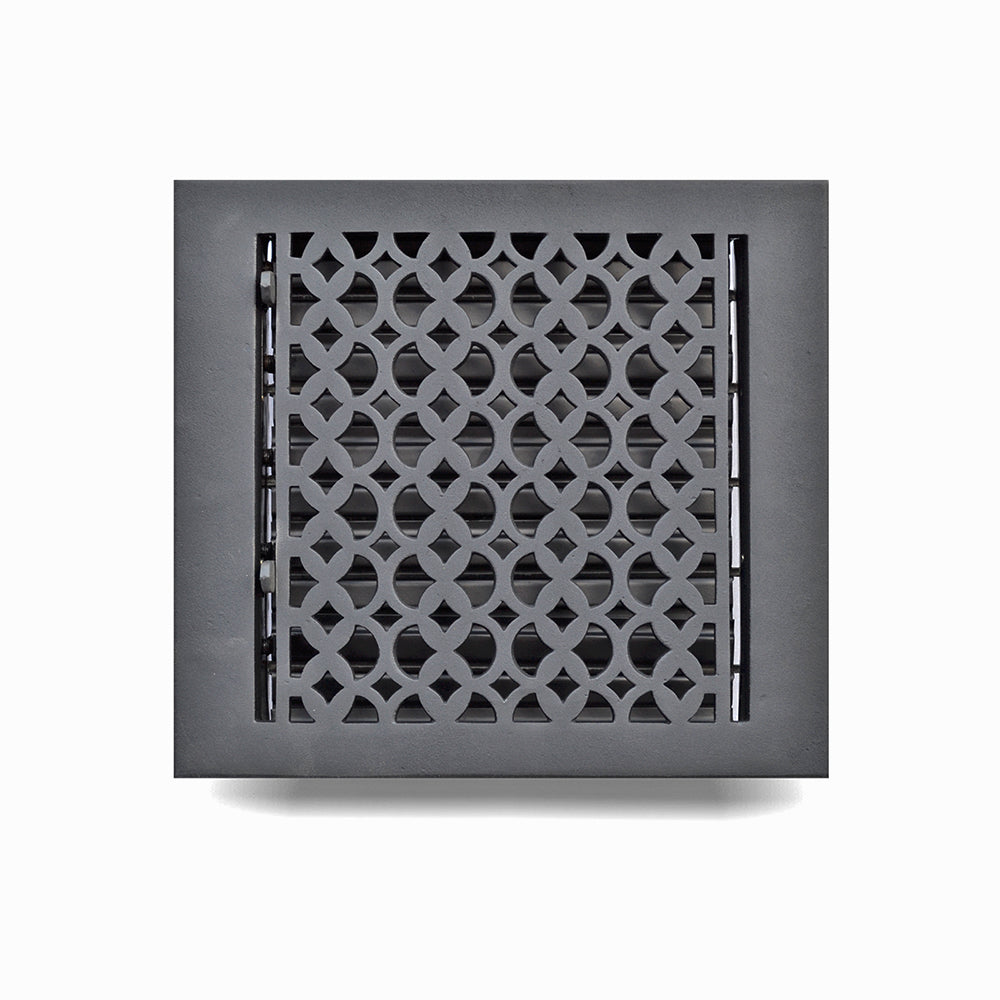 Floor Vent Cover / Register Size: 9” x 9” VR100 with Damper top faceplate outer size 10-1/2″ x 11-1/2″, thickness 5 mm, decorative handcrafted high-quality metal – cast aluminum powder coated Re-paintable for floors, walls, and ceilings