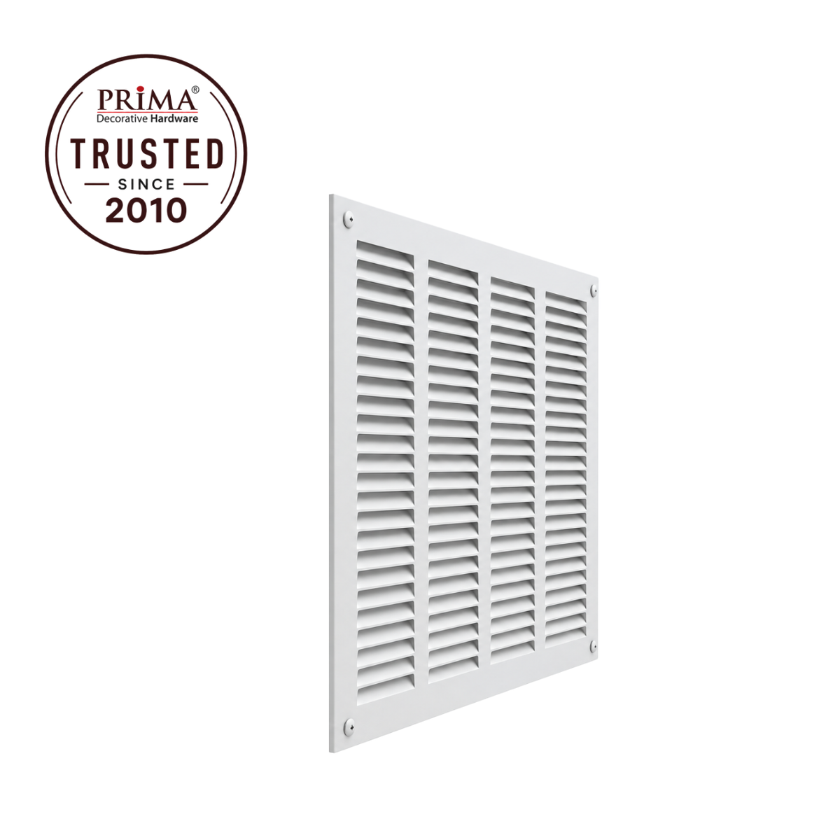 16" x 16" white steel air return grille with horizontal slats for sidewall and ceiling HVAC vent with trust badge.

