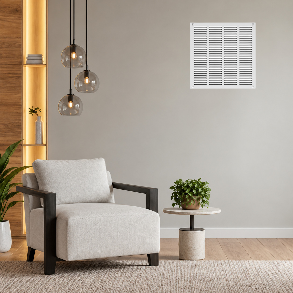 16" x 16" white steel air return grille with horizontal slats for sidewall and ceiling HVAC vent installed in a grey wall.
