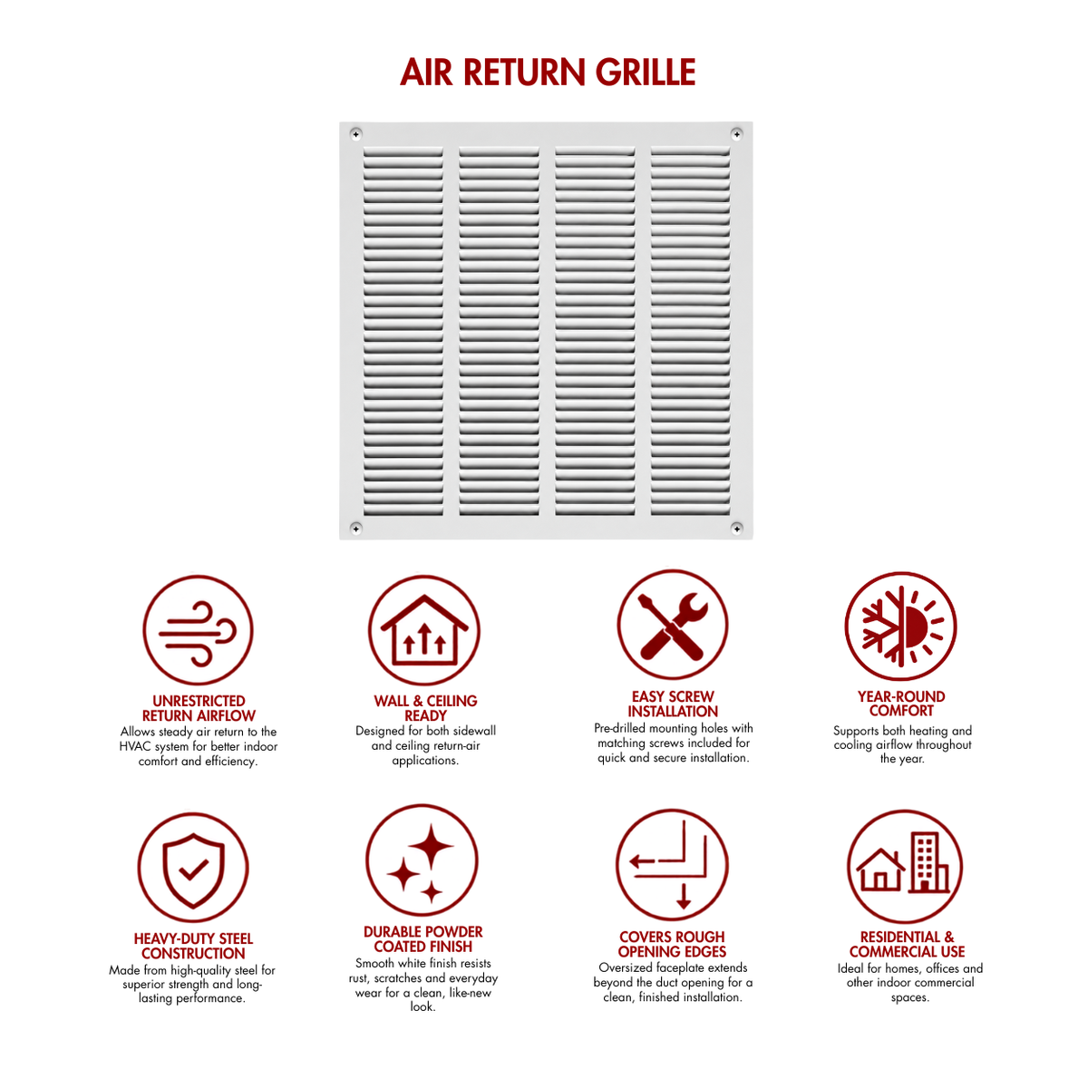 16" x 16" white steel air return grille for sidewall and ceiling HVAC vents with product benefits and feature icons.
