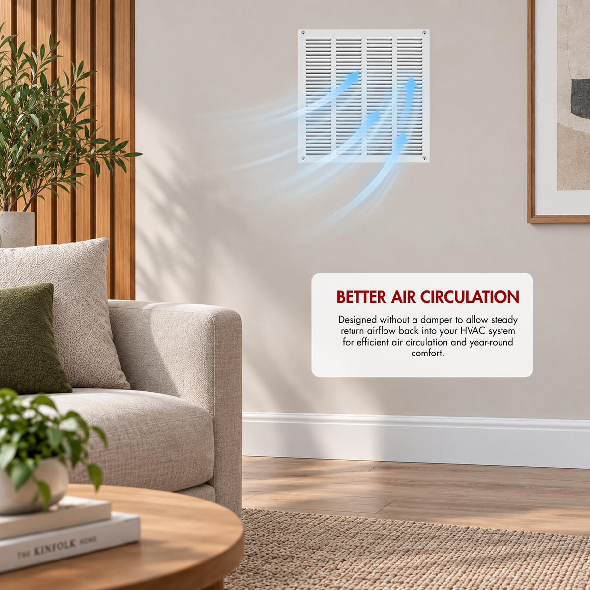 16" x 16" white steel air return grille installed on wall with airflow illustration for improved HVAC air circulation.
