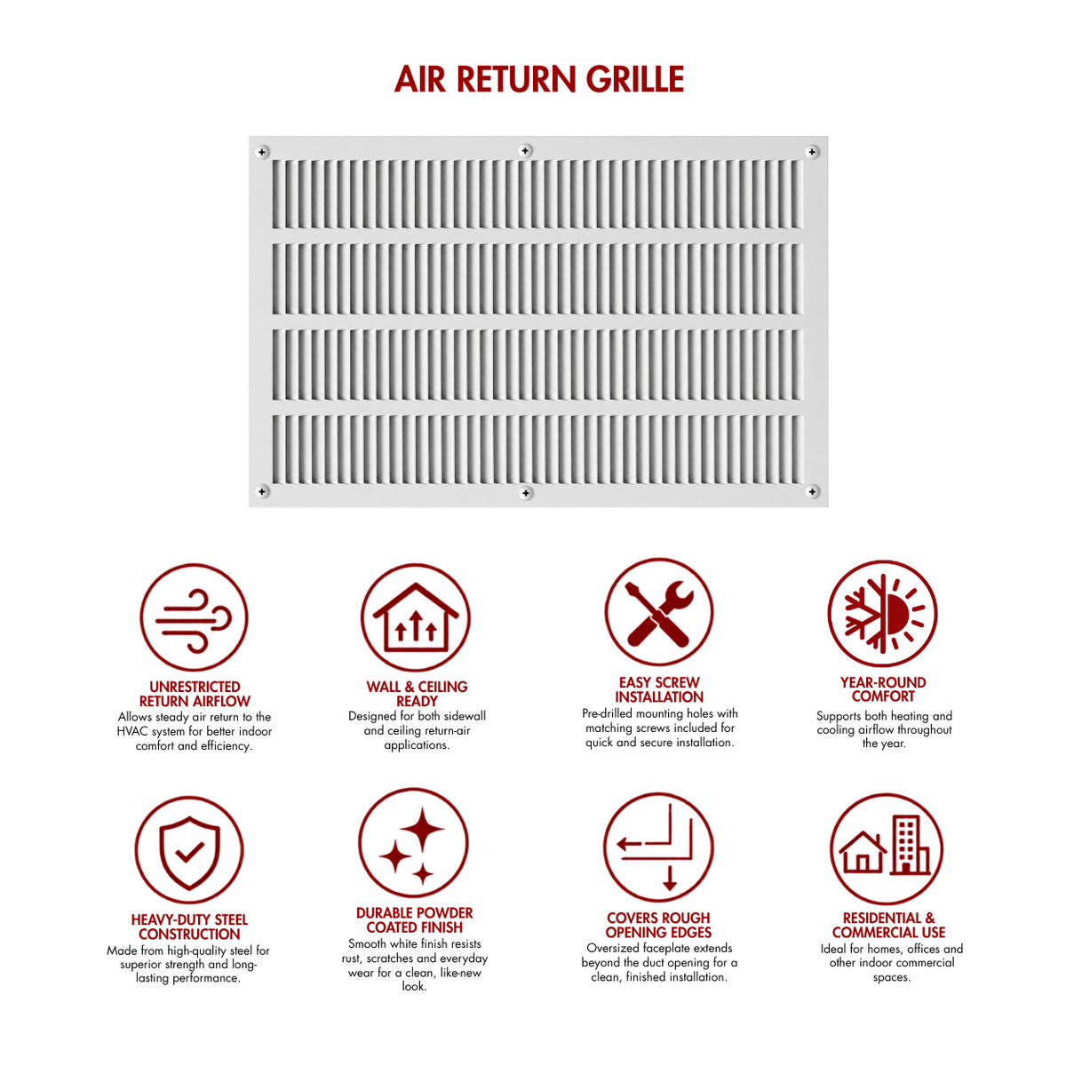 16" x 24" white steel air return grille for sidewall and ceiling HVAC vents with product benefits and feature icons.
