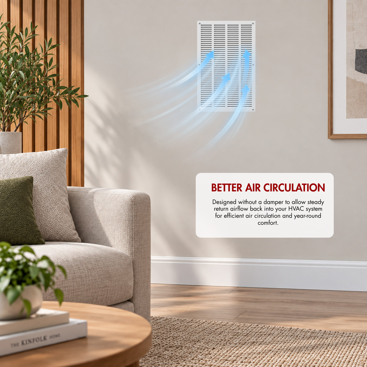 16" x 24" white steel air return grille installed on wall with airflow illustration for improved HVAC air circulation.
