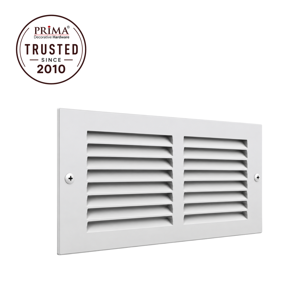 10" x 4" white steel air return grille with horizontal slats for sidewall and ceiling HVAC vent with trust badge.
