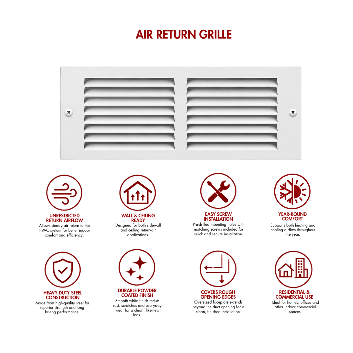10" x 4" white steel air return grille for sidewall and ceiling HVAC vents with product benefits and feature icons.
