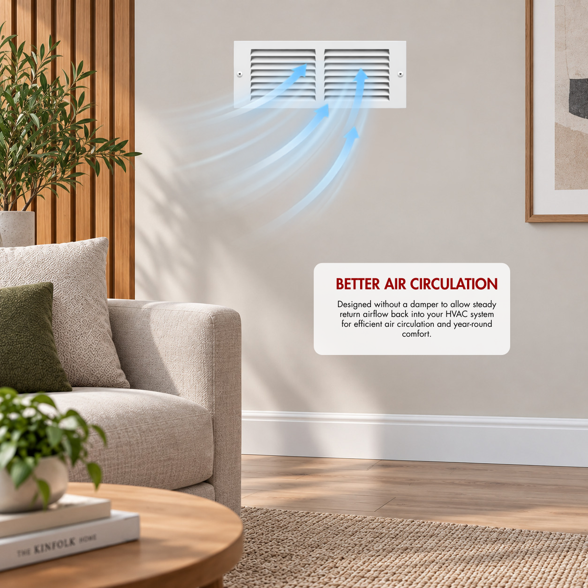 10" x 4" white steel air return grille installed on wall with airflow illustration for improved HVAC air circulation.
