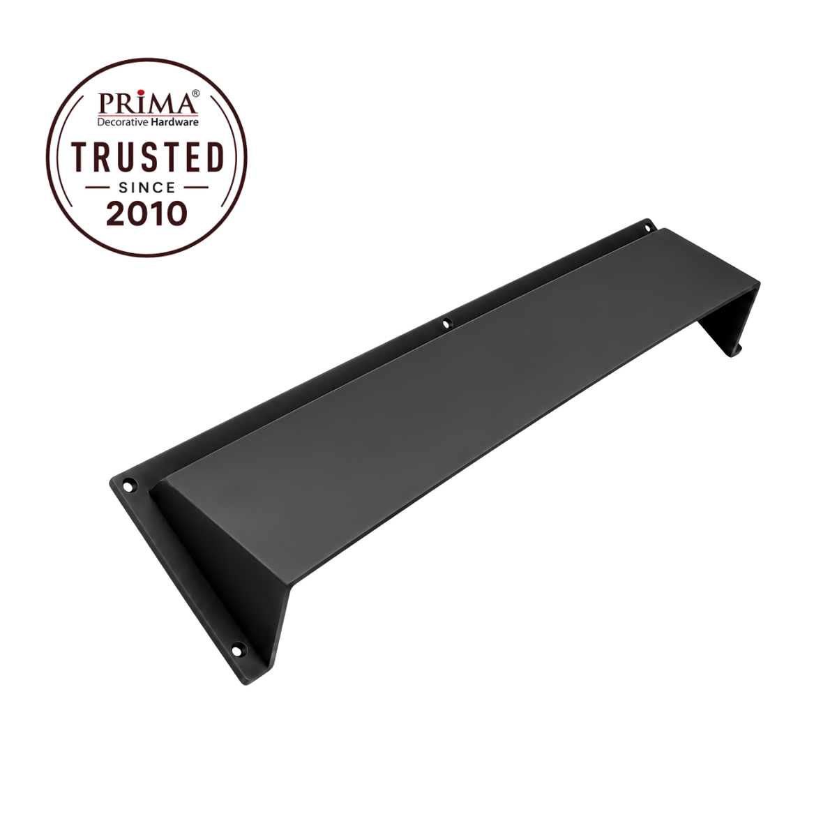 Angled view of 52" black cast aluminum air vent deflector hood with mounting holes
