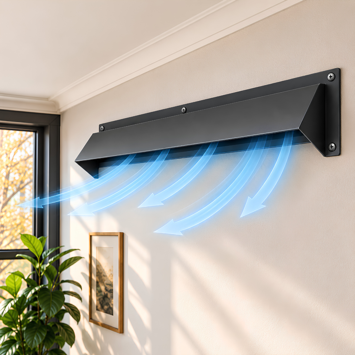 6" x 40" black cast aluminum air vent deflector hood installed on wall with redirected airflow

