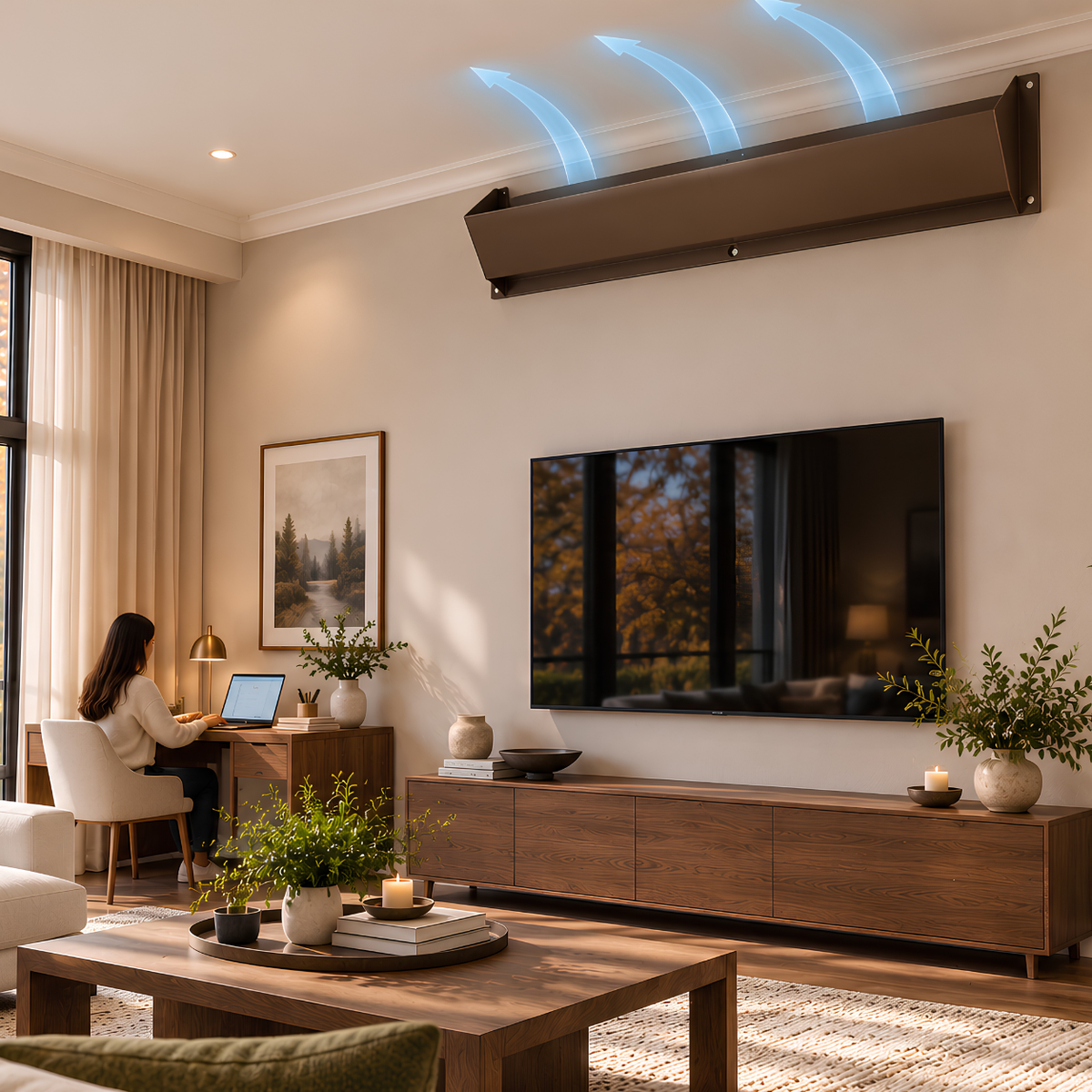 6" x 40" brown cast aluminum air vent deflector installed on wall redirecting airflow in living room
