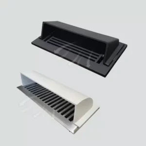 Two rectangular air vents, one black and one white, are shown side by side on a plain light gray background. Each vent features a slatted grille design.