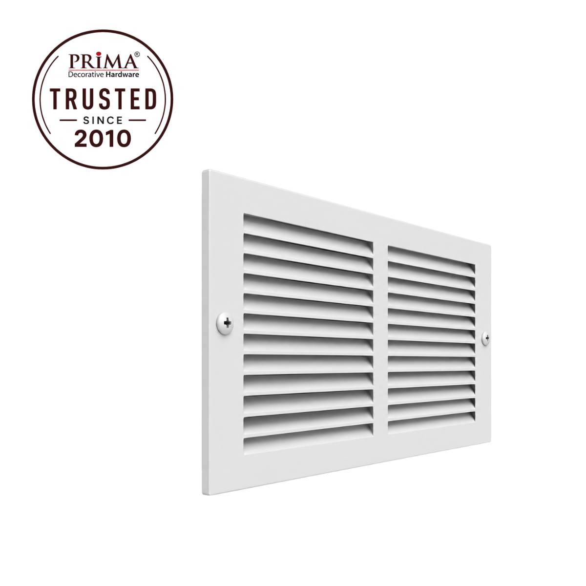 14" x 6" white steel air return grille with horizontal slats for sidewall and ceiling HVAC vent with trust badge.
