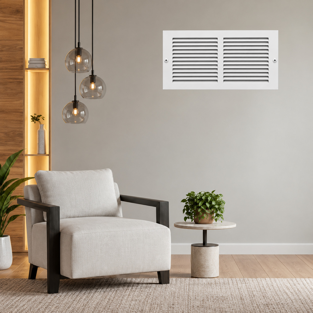 14" x 6" white steel air return grille with horizontal slats for sidewall and ceiling HVAC vent installed in a grey wall.
