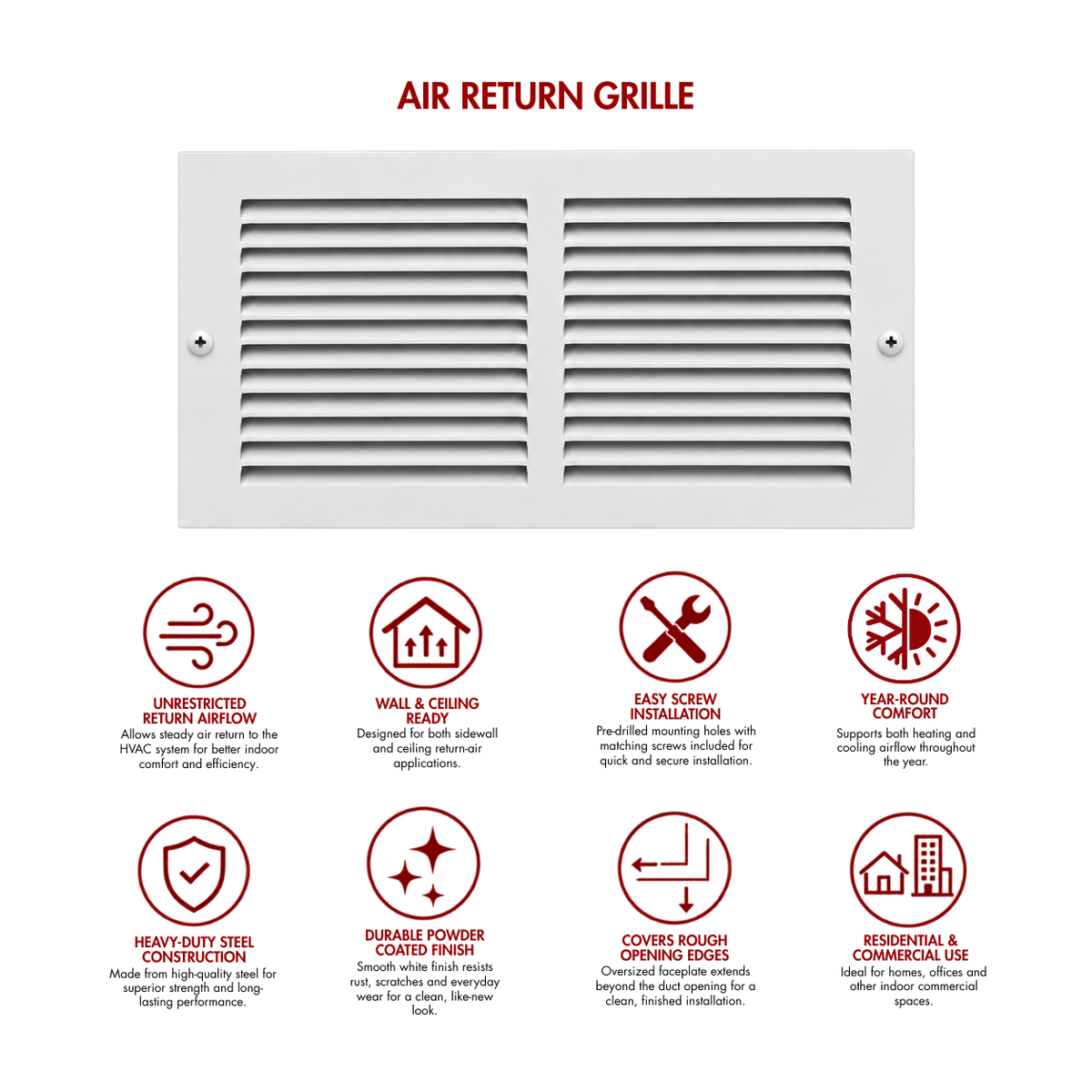 14" x 6" white steel air return grille for sidewall and ceiling HVAC vents with product benefits and feature icons.
