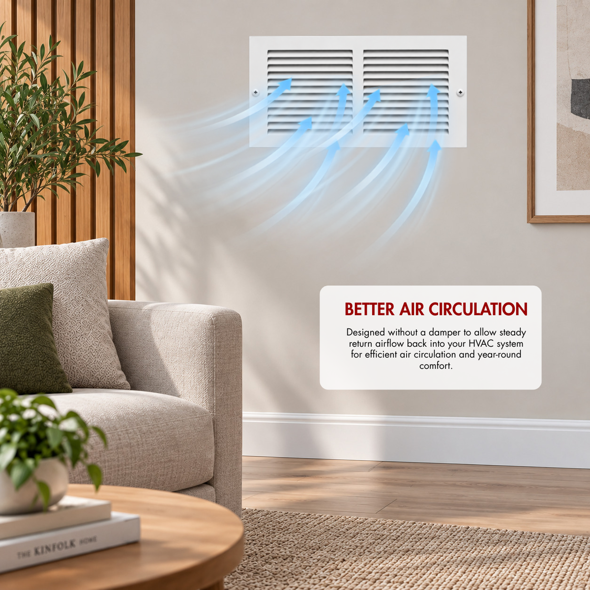 14" x 6" white steel air return grille installed on wall with airflow illustration for improved HVAC air circulation.
