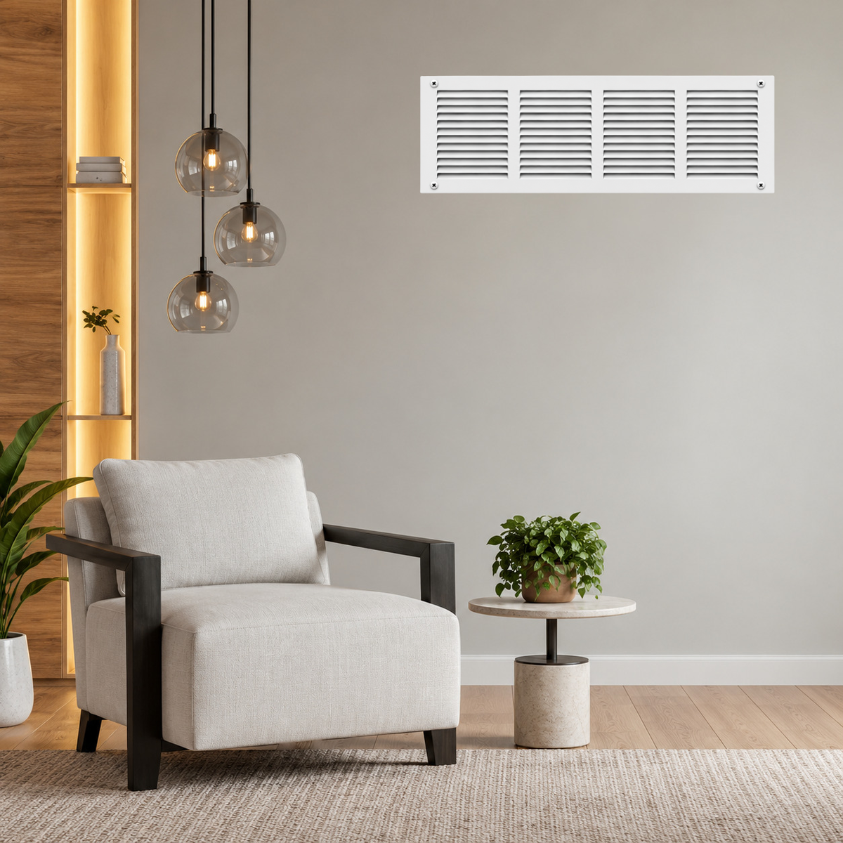 16" x 6" white steel air return grille with horizontal slats for sidewall and ceiling HVAC vent installed in a grey wall.
