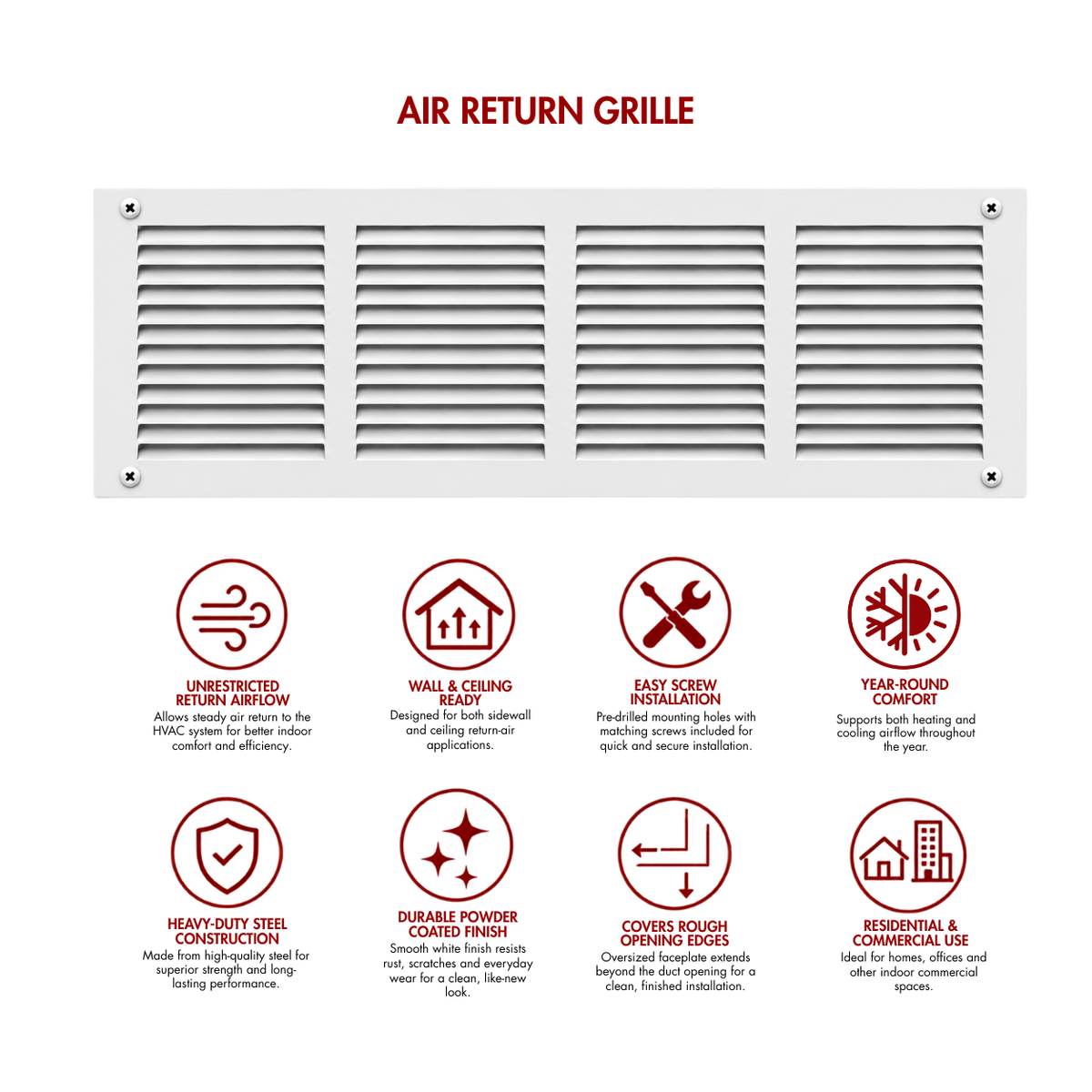 16" x 6" white steel air return grille for sidewall and ceiling HVAC vents with product benefits and feature icons.
