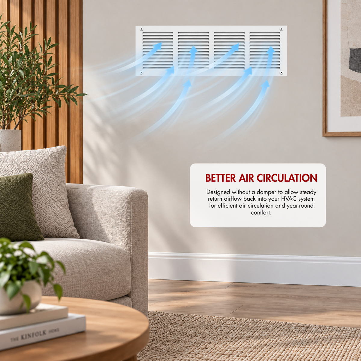 16" x 6" white steel air return grille installed on wall with airflow illustration for improved HVAC air circulation.

