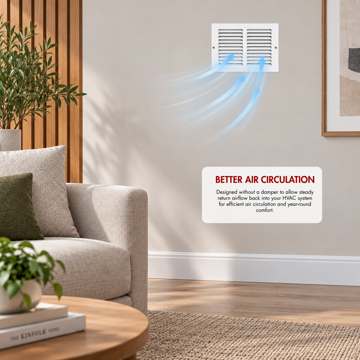 8" x 8" white steel air return grille installed on wall with airflow illustration for improved HVAC air circulation.