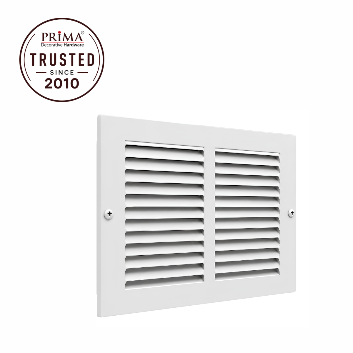 10" x 6" white steel air return grille with horizontal slats for sidewall and ceiling HVAC vent with trust badge.
