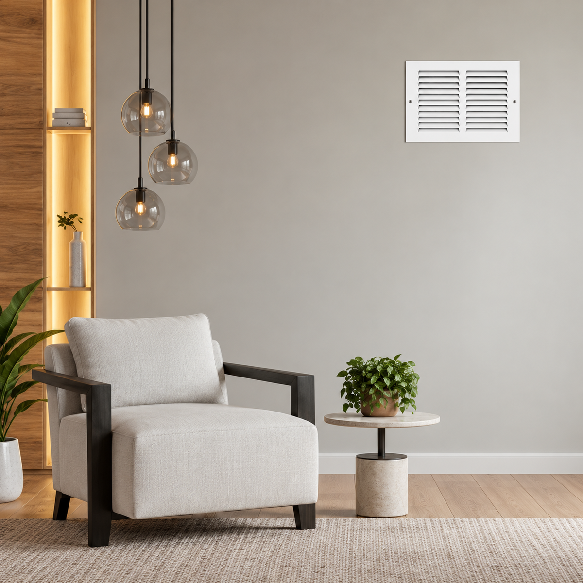 10" x 6" white steel air return grille with horizontal slats for sidewall and ceiling HVAC vent installed in a grey wall.
