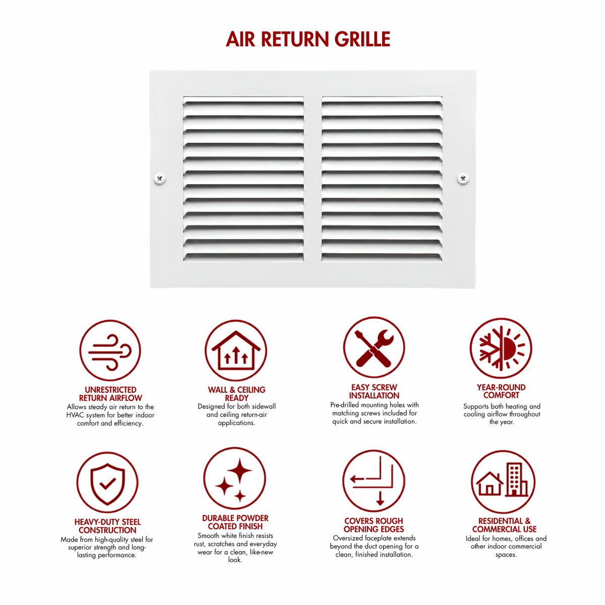 10" x 6" white steel air return grille for sidewall and ceiling HVAC vents with product benefits and feature icons.
