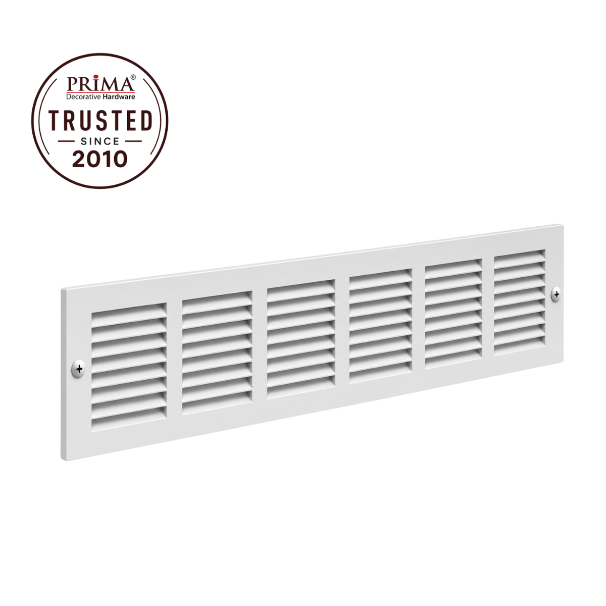 30 X 6 Angled view of white steel baseboard air return grille with mounting screws and Prima Trusted Since 2010 badge
