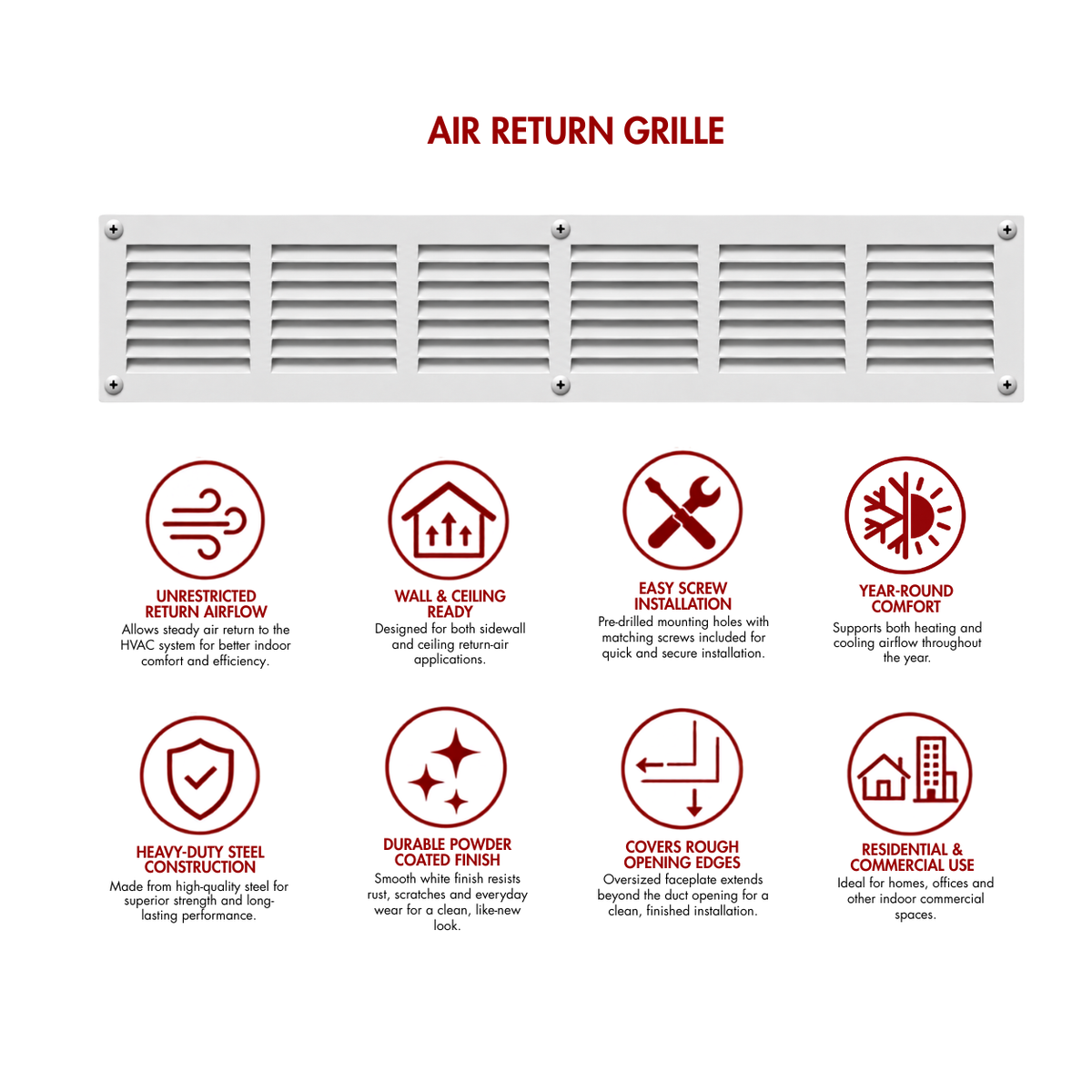 30" x 4" white steel air return grille for sidewall and ceiling HVAC vents with product benefits and feature icons.
