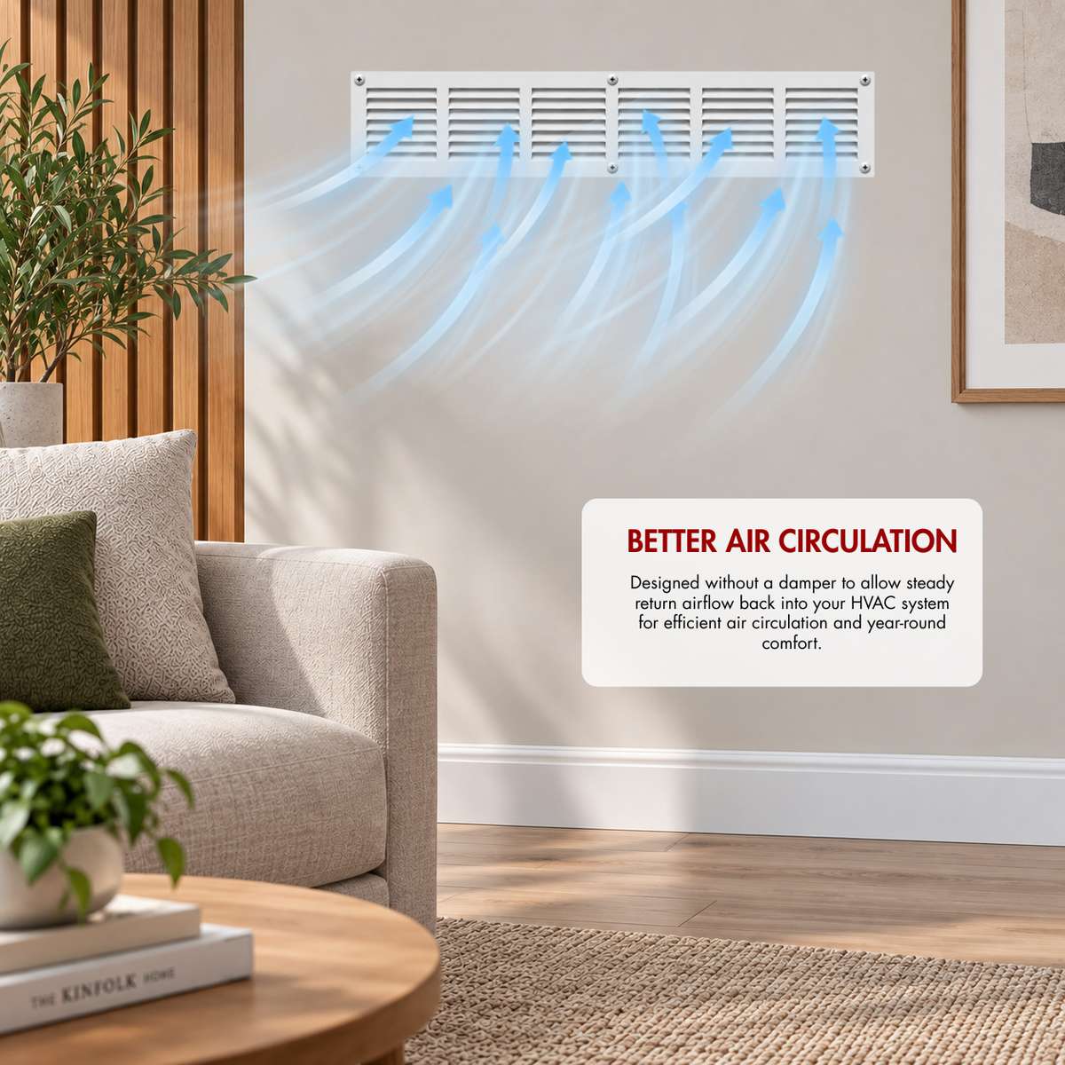 30" x 4" white steel air return grille installed on wall with airflow illustration for improved HVAC air circulation.
