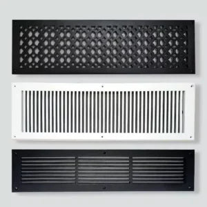 Three rectangular metal vent covers are displayed vertically: the top is black with a honeycomb pattern, the middle is white with vertical slats, and the bottom is black with horizontal slats, all mounted on a light gray background.