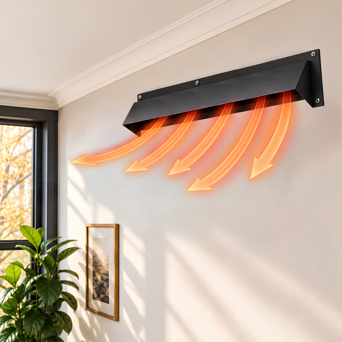 52" black cast aluminum air vent deflector hood installed on wall with redirected heat airflow
