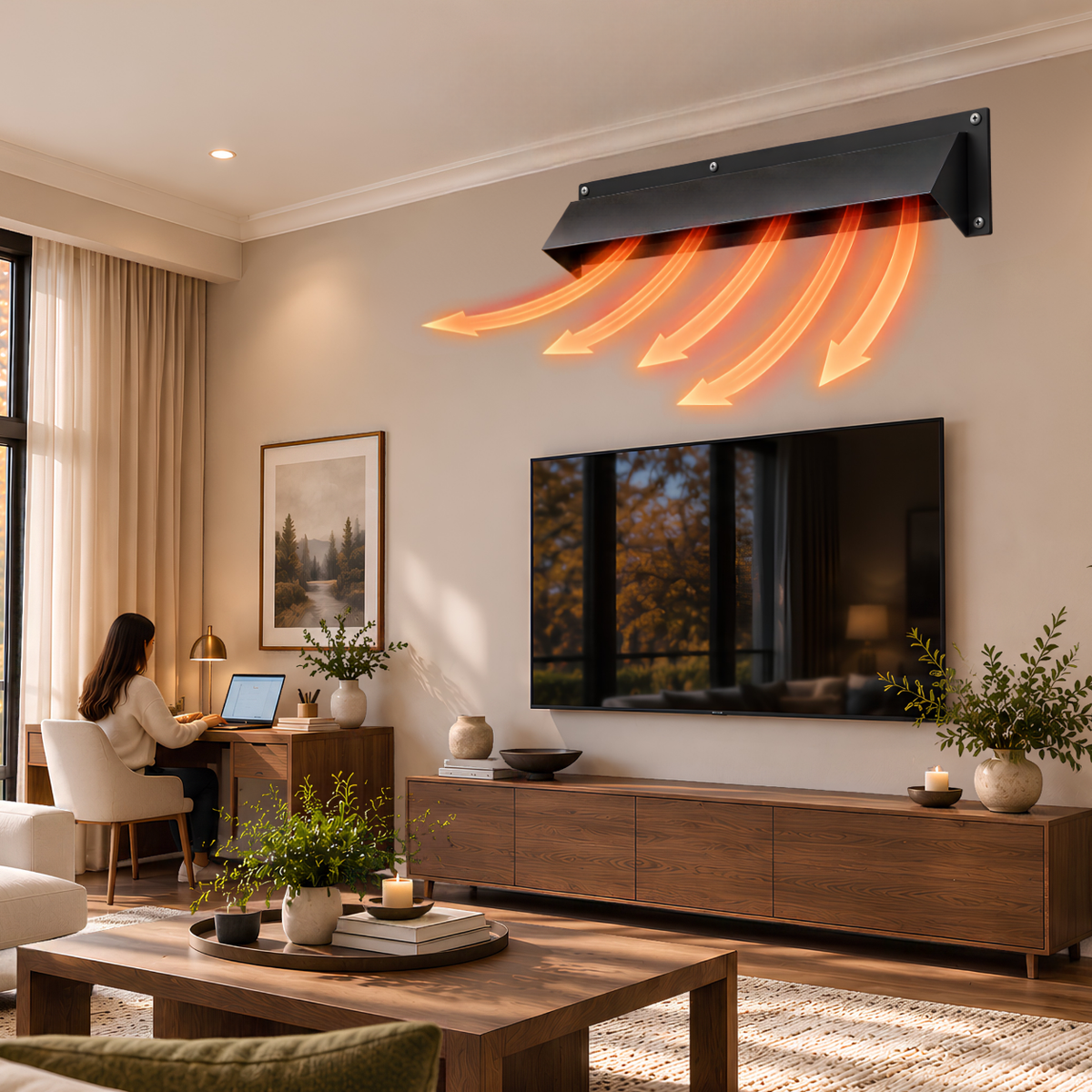 52" black cast aluminum air vent deflector installed on wall redirecting airflow in living room
