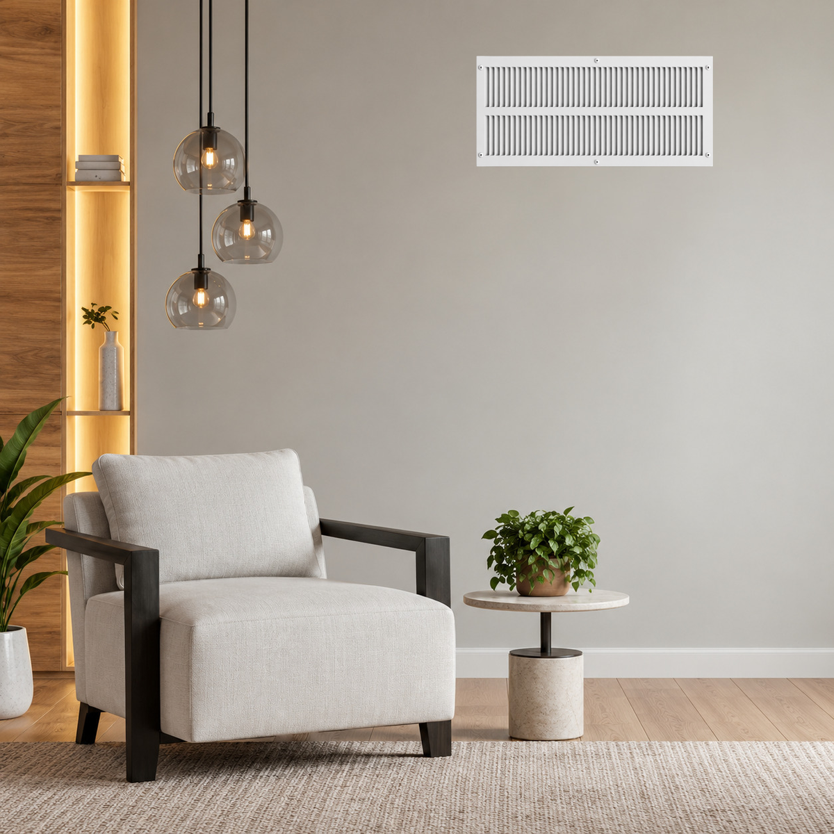 10" x 24" white steel air return grille with horizontal slats for sidewall and ceiling HVAC vent installed in a grey wall.
