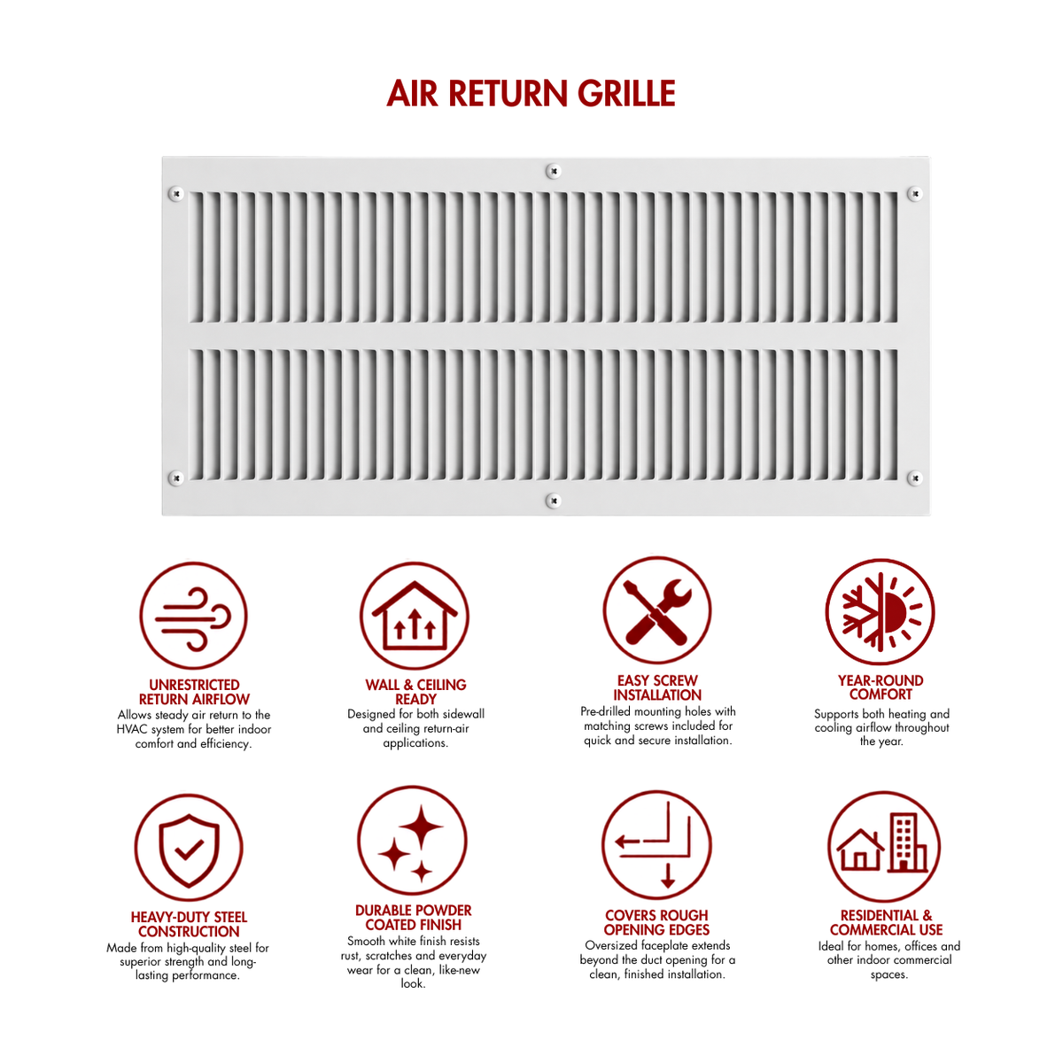 10" x 24" white steel air return grille for sidewall and ceiling HVAC vents with product benefits and feature icons.
