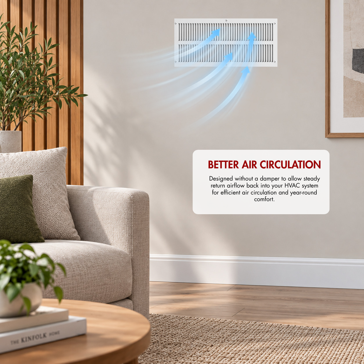 10" x 24" white steel air return grille installed on wall with airflow illustration for improved HVAC air circulation.
