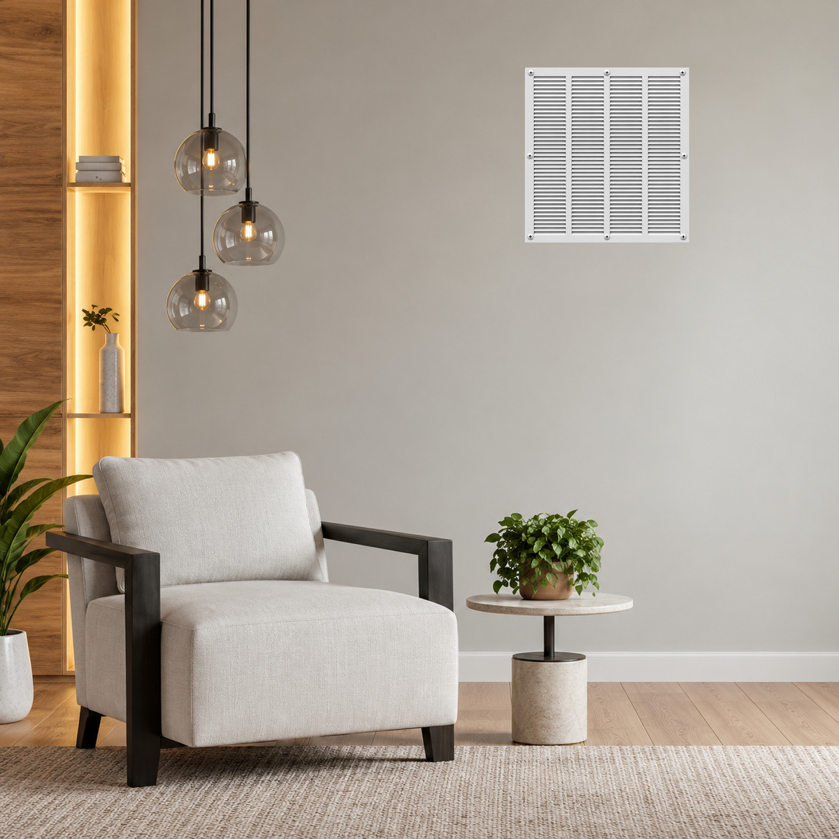 20" x 24" white steel air return grille for sidewall and ceiling HVAC vents with product benefits and feature icons.

