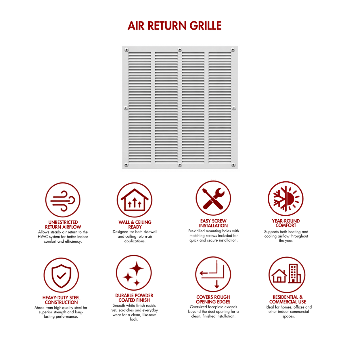 20" x 24" white steel air return grille with horizontal slats for sidewall and ceiling HVAC vent installed in a grey wall.
