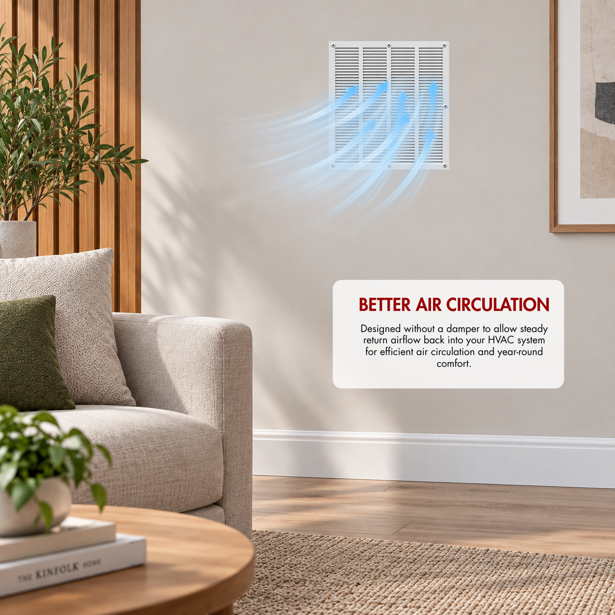 20" x 24" white steel air return grille installed on wall with airflow illustration for improved HVAC air circulation.
